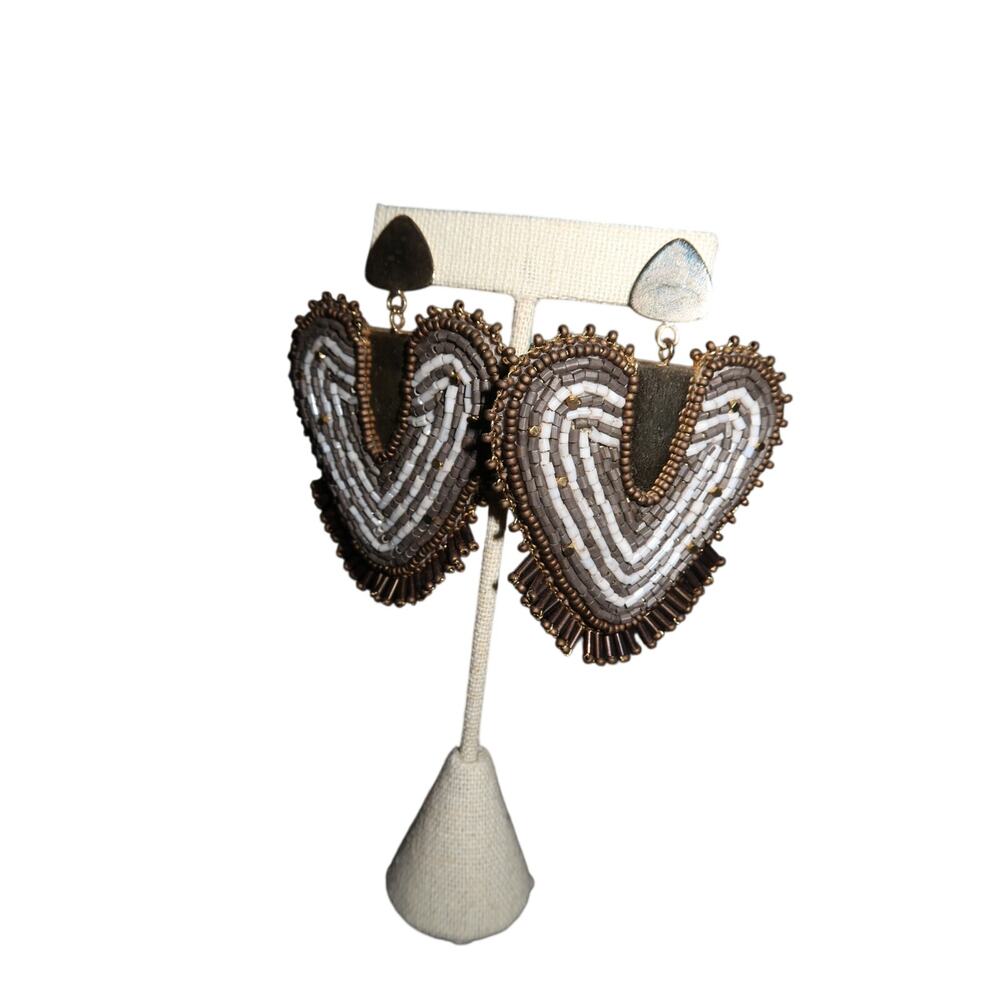 Beaded Heart Drop Earrings Brown Bronze White Fringe Handmade Statement OS